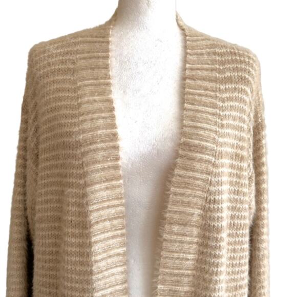 Debut Cardigan Taupe Cream Stripe Open Front Eyelash Soft Cardigan Sweater Small - Picture 3 of 12